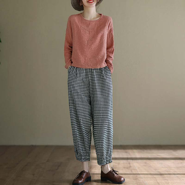 Cotton Linen Casual Plaid Harem Pants - ZYLIRA