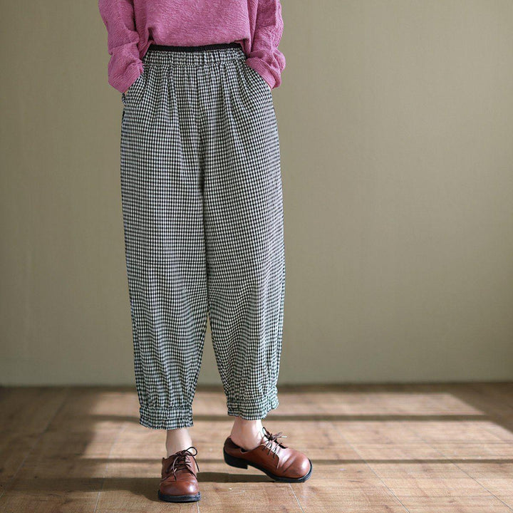 Cotton Linen Casual Plaid Harem Pants - ZYLIRA