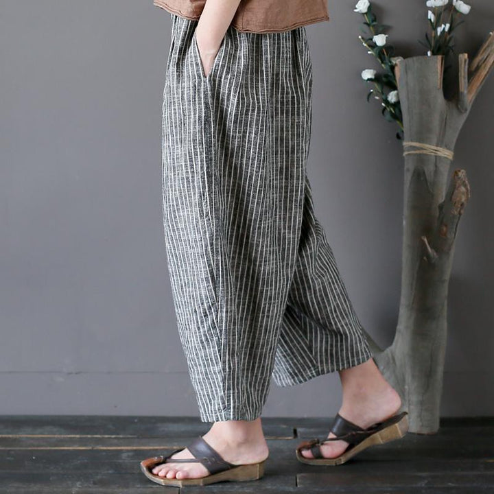 Cotton Linen Casual Striped Wide Leg Pants - ZYLIRA