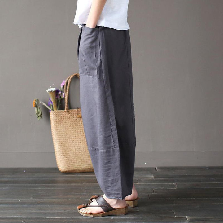 Cotton Linen Elastic Waist Pants With Pockets - ZYLIRA