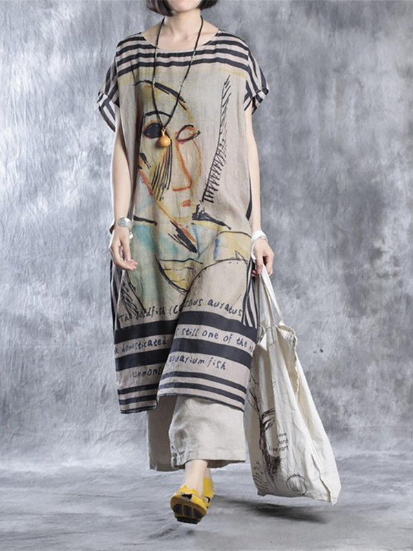 Plus Size Women Summer Vintage Print Loose O-Neck Dress - ZYLIRA