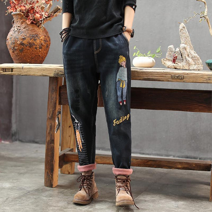 Embroidery Elastic Waist Retro Denim Harem Pants - ZYLIRA