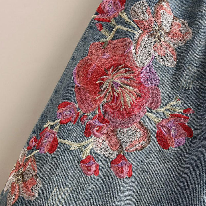 Embroidery Flowers Denim Loose Wide Leg Pants - ZYLIRA