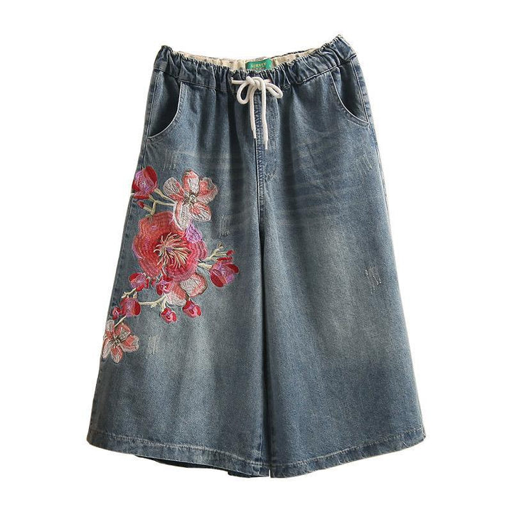 Embroidery Flowers Denim Loose Wide Leg Pants - ZYLIRA