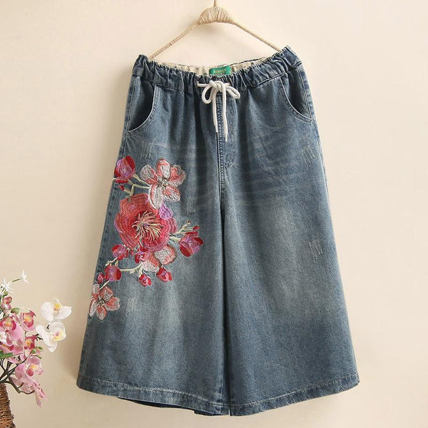 Embroidery Flowers Denim Loose Wide Leg Pants - ZYLIRA