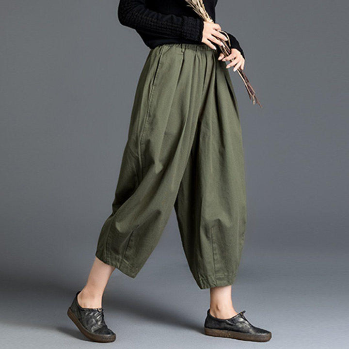 Loose Solid Color Elastic Waist Harem Pants - ZYLIRA