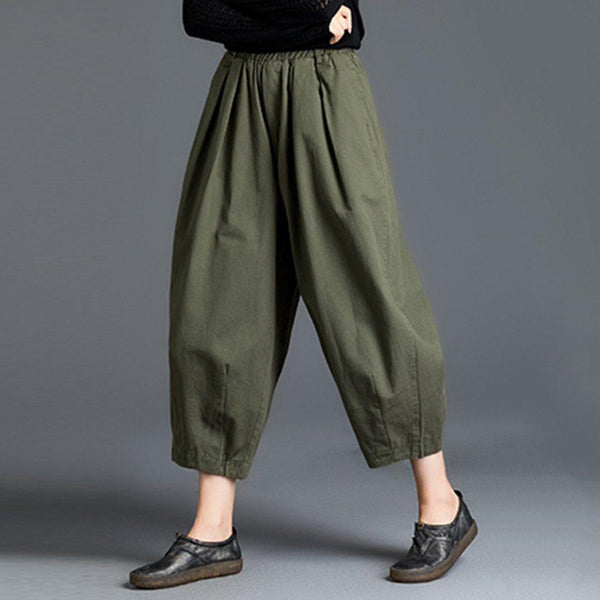 Loose Solid Color Elastic Waist Harem Pants - ZYLIRA