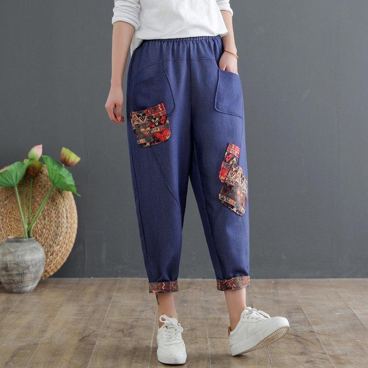 Mom's Cotton Linen Plus Size Denim Harem Pants - ZYLIRA