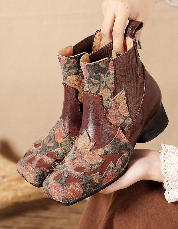 Genuine Leather Ethnic Handmade Square Toe Chunky Heel Boots - ZYLIRA