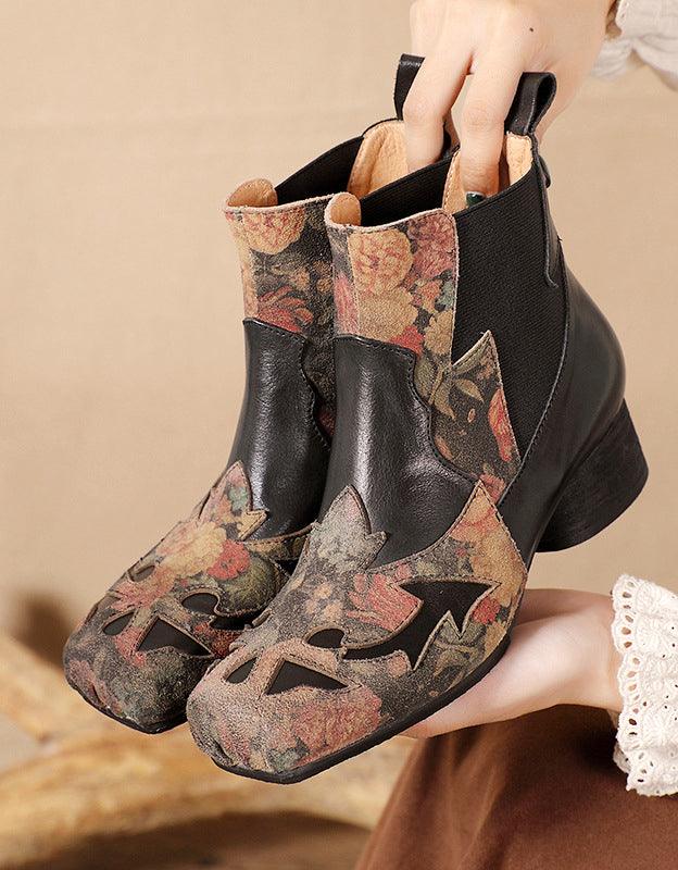 Genuine Leather Ethnic Handmade Square Toe Chunky Heel Boots - ZYLIRA