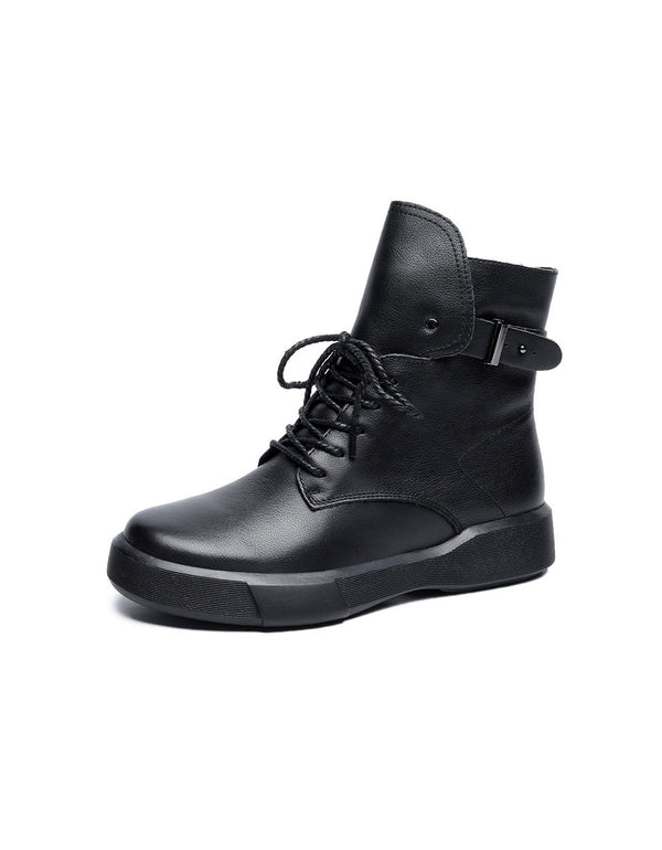 Autumn Winter Retro Leather Lace-up Black Ankle Boots for Women