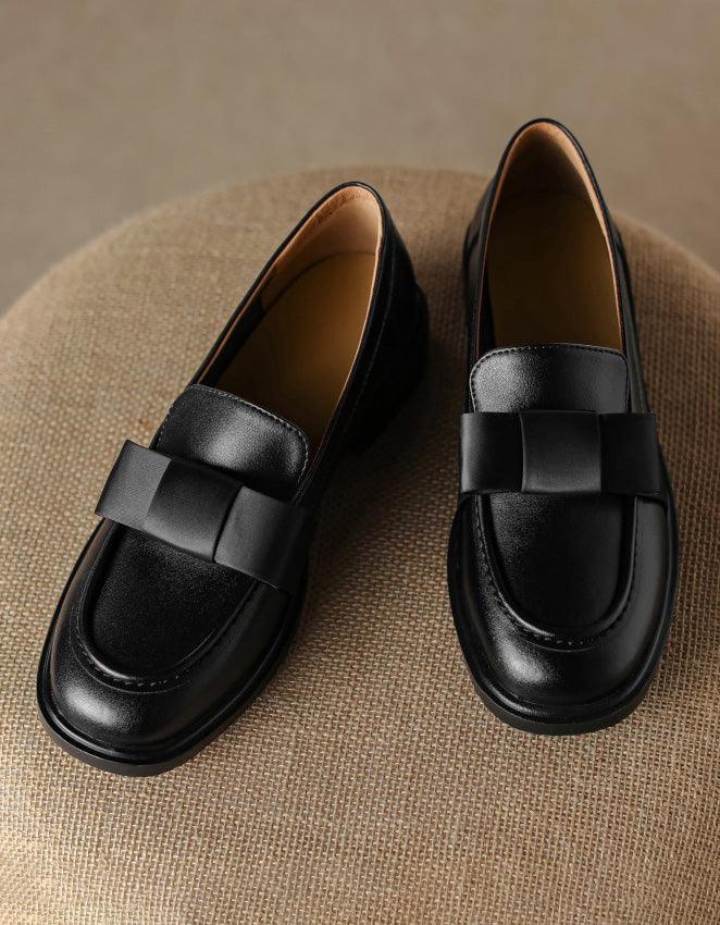 Silk Bowknot Vintage Leather Loafers for Women - ZYLIRA