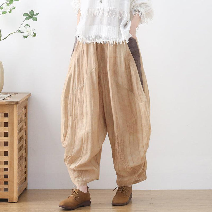 Women Loose Crinkled Color Block Linen Pants - ZYLIRA