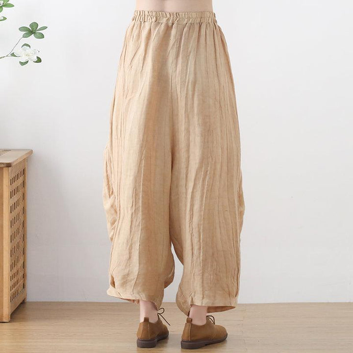 Women Loose Crinkled Color Block Linen Pants - ZYLIRA