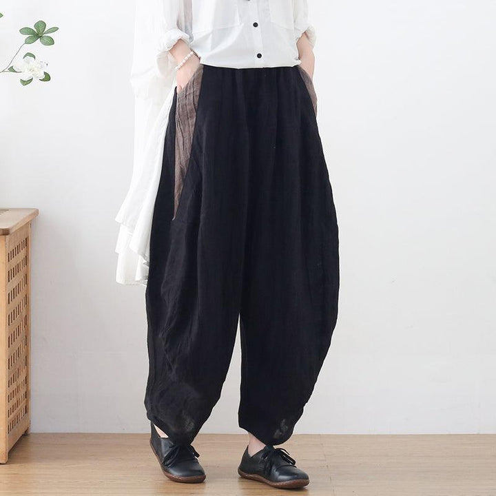 Women Loose Crinkled Color Block Linen Pants - ZYLIRA