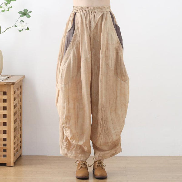 Women Loose Crinkled Color Block Linen Pants - ZYLIRA