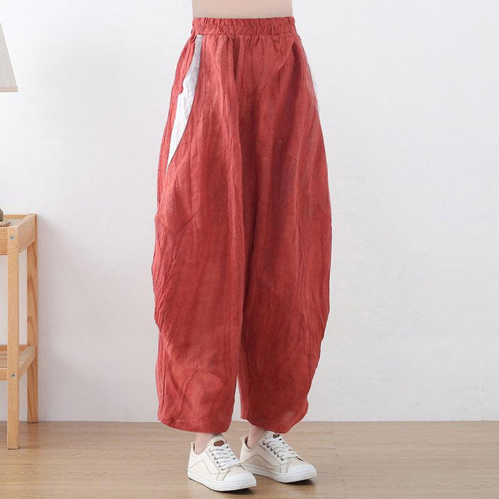 Women Loose Crinkled Color Block Linen Pants - ZYLIRA