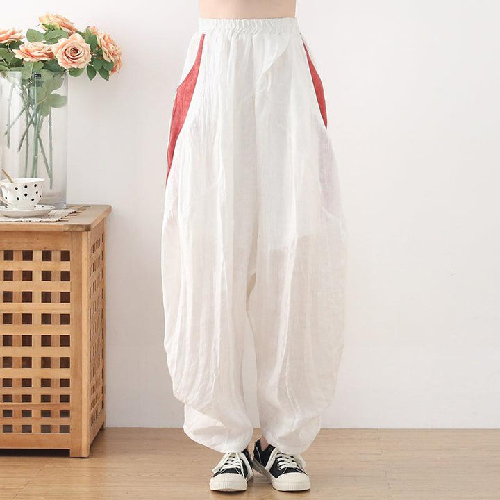 Women Loose Crinkled Color Block Linen Pants - ZYLIRA