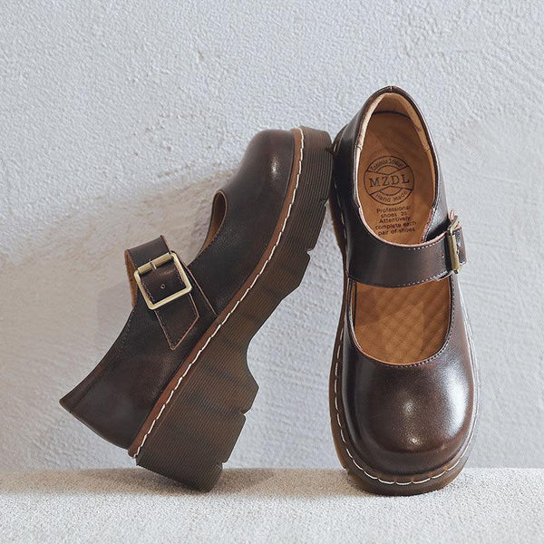 Women Vintage Buckle Leather Mary Janes Shoes - ZYLIRA