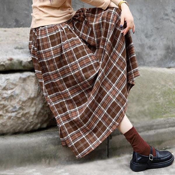 Retro Autumn Casual Cotton Plaid Skirt - ZYLIRA