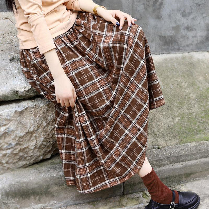 Retro Autumn Casual Cotton Plaid Skirt - ZYLIRA