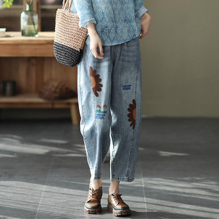 Retro Embroidered Loose Harem Denim Pants - ZYLIRA