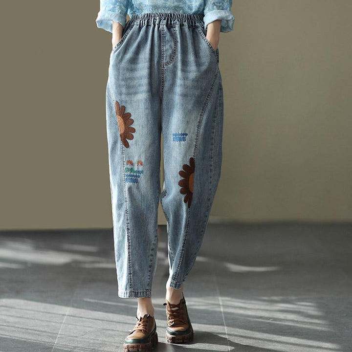 Retro Embroidered Loose Harem Denim Pants - ZYLIRA