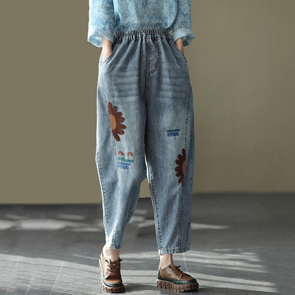 Retro Embroidered Loose Harem Denim Pants - ZYLIRA