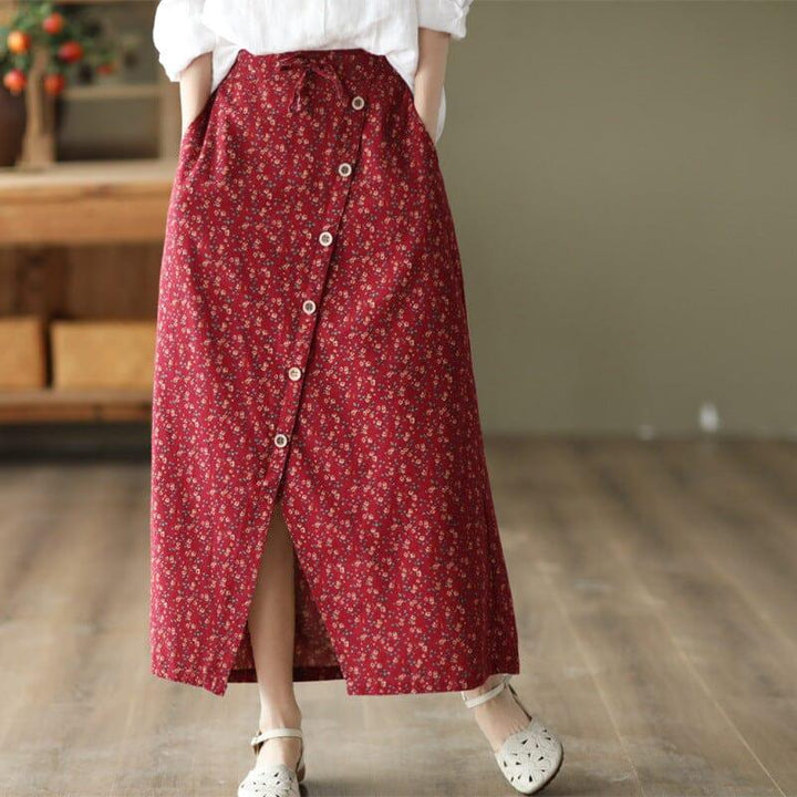 Spring Autumn Retro Floral Split Cotton Skirt - ZYLIRA