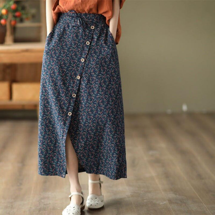 Spring Autumn Retro Floral Split Cotton Skirt - ZYLIRA