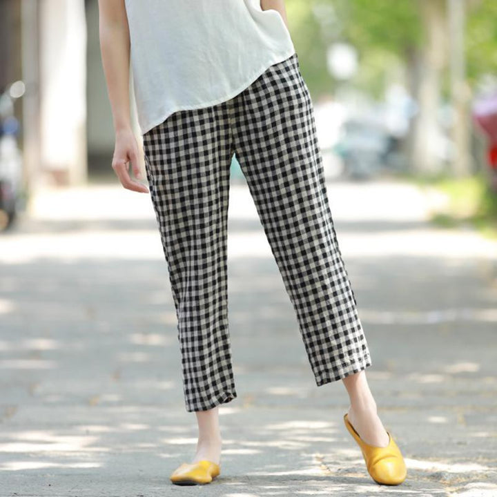 Spring Breathable Plaid Linen Pants - ZYLIRA