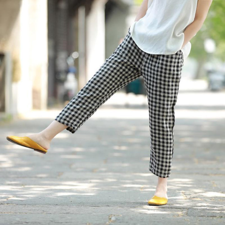 Spring Breathable Plaid Linen Pants - ZYLIRA