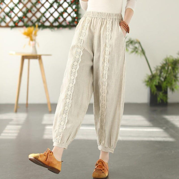 Spring Linen Lace Trim Patchwork Solid Pants - ZYLIRA