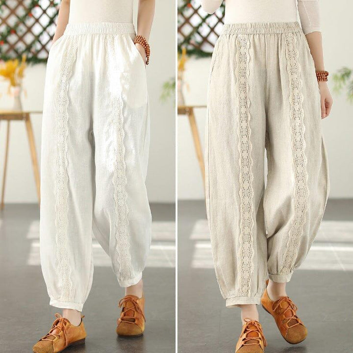 Spring Linen Lace Trim Patchwork Solid Pants - ZYLIRA