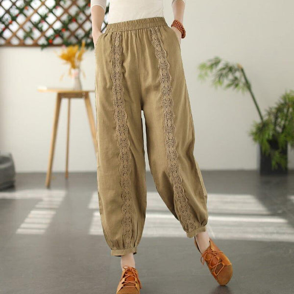 Spring Linen Lace Trim Patchwork Solid Pants - ZYLIRA