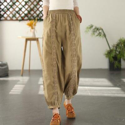 Spring Linen Lace Trim Patchwork Solid Pants - ZYLIRA