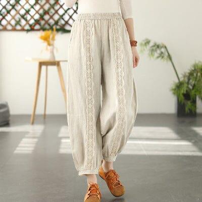 Spring Linen Lace Trim Patchwork Solid Pants - ZYLIRA