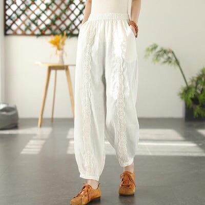 Spring Linen Lace Trim Patchwork Solid Pants - ZYLIRA