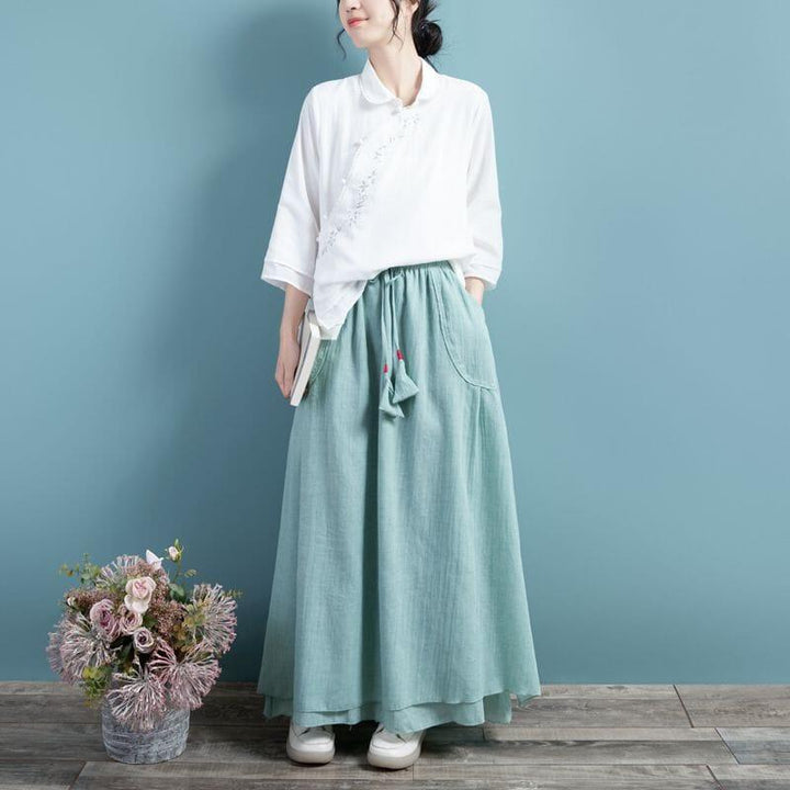 Spring Summer Retro Cotton Linen Solid A-line Skirt - ZYLIRA