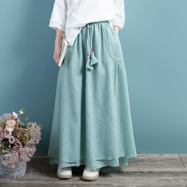 Spring Summer Retro Cotton Linen Solid A-line Skirt - ZYLIRA