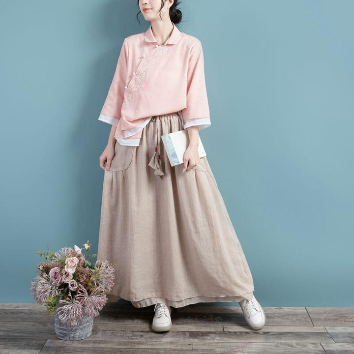 Spring Summer Retro Cotton Linen Solid A-line Skirt - ZYLIRA