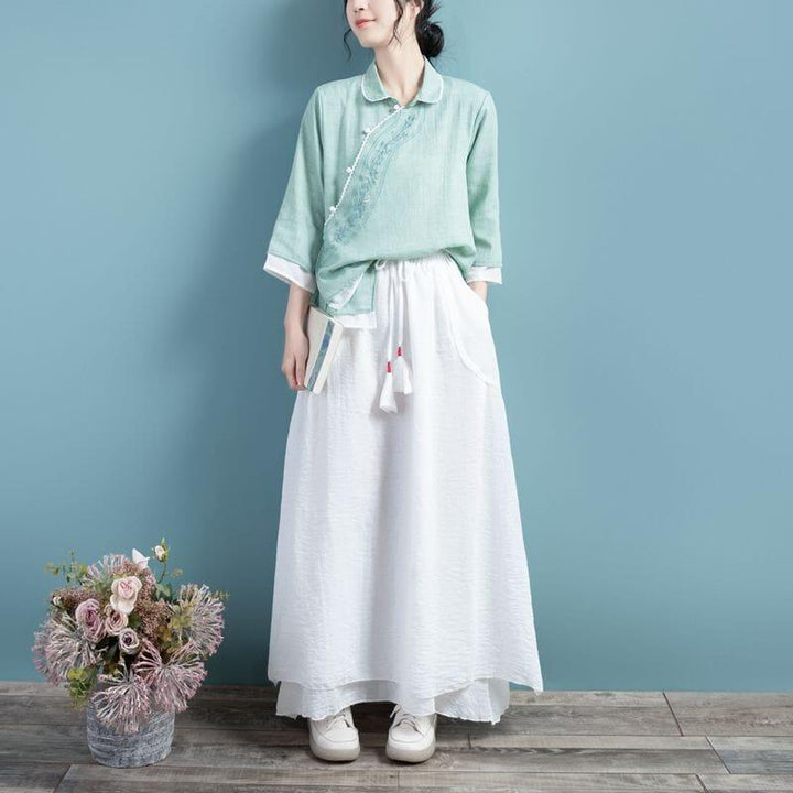 Spring Summer Retro Cotton Linen Solid A-line Skirt - ZYLIRA