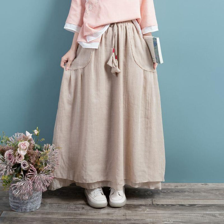 Spring Summer Retro Cotton Linen Solid A-line Skirt - ZYLIRA