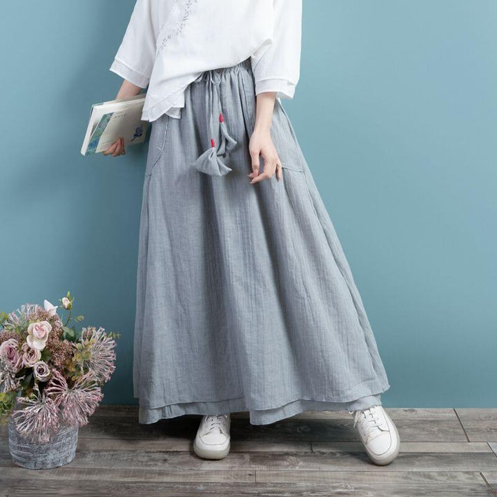 Spring Summer Retro Cotton Linen Solid A-line Skirt - ZYLIRA