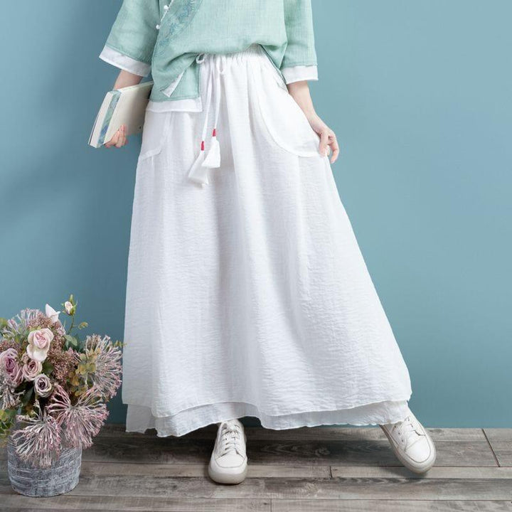 Spring Summer Retro Cotton Linen Solid A-line Skirt - ZYLIRA