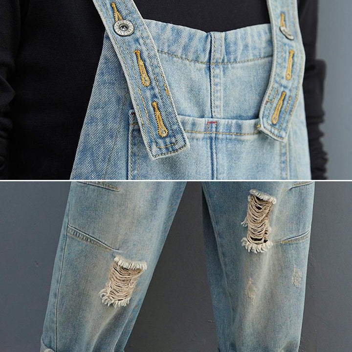 Spring Women Retro Loose Patchwork Ripped Denim Jumpsuit - ZYLIRA