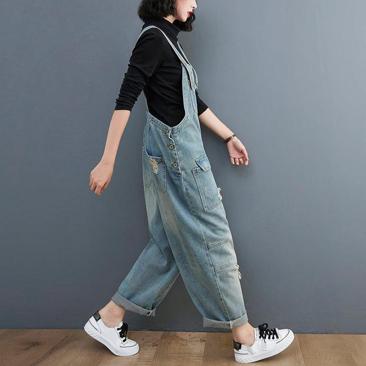 Spring Women Retro Loose Patchwork Ripped Denim Jumpsuit - ZYLIRA