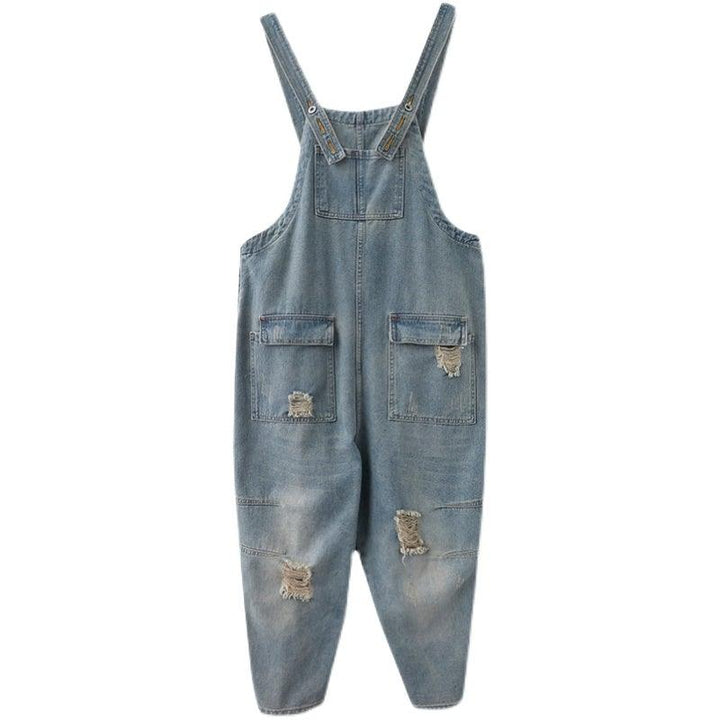 Spring Women Retro Loose Patchwork Ripped Denim Jumpsuit - ZYLIRA