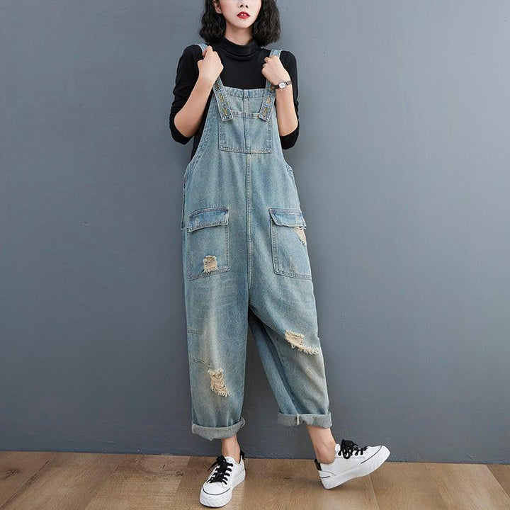 Spring Women Retro Loose Patchwork Ripped Denim Jumpsuit - ZYLIRA