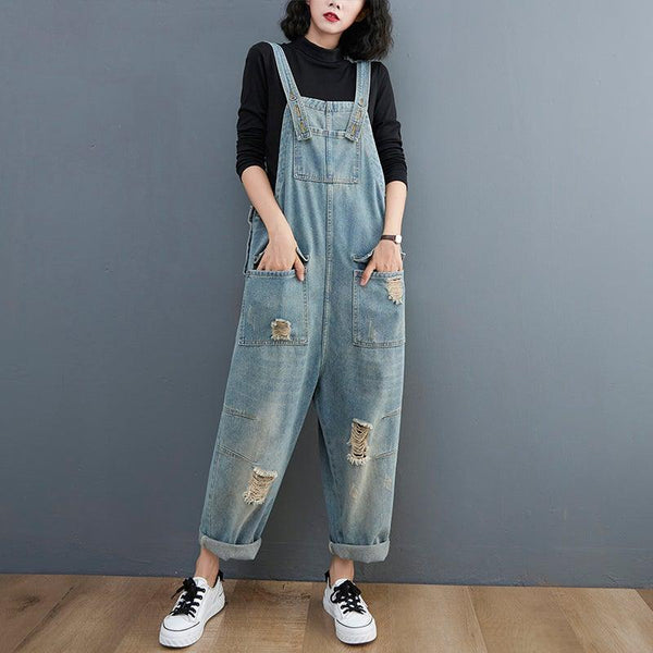 Spring Women Retro Loose Patchwork Ripped Denim Jumpsuit - ZYLIRA